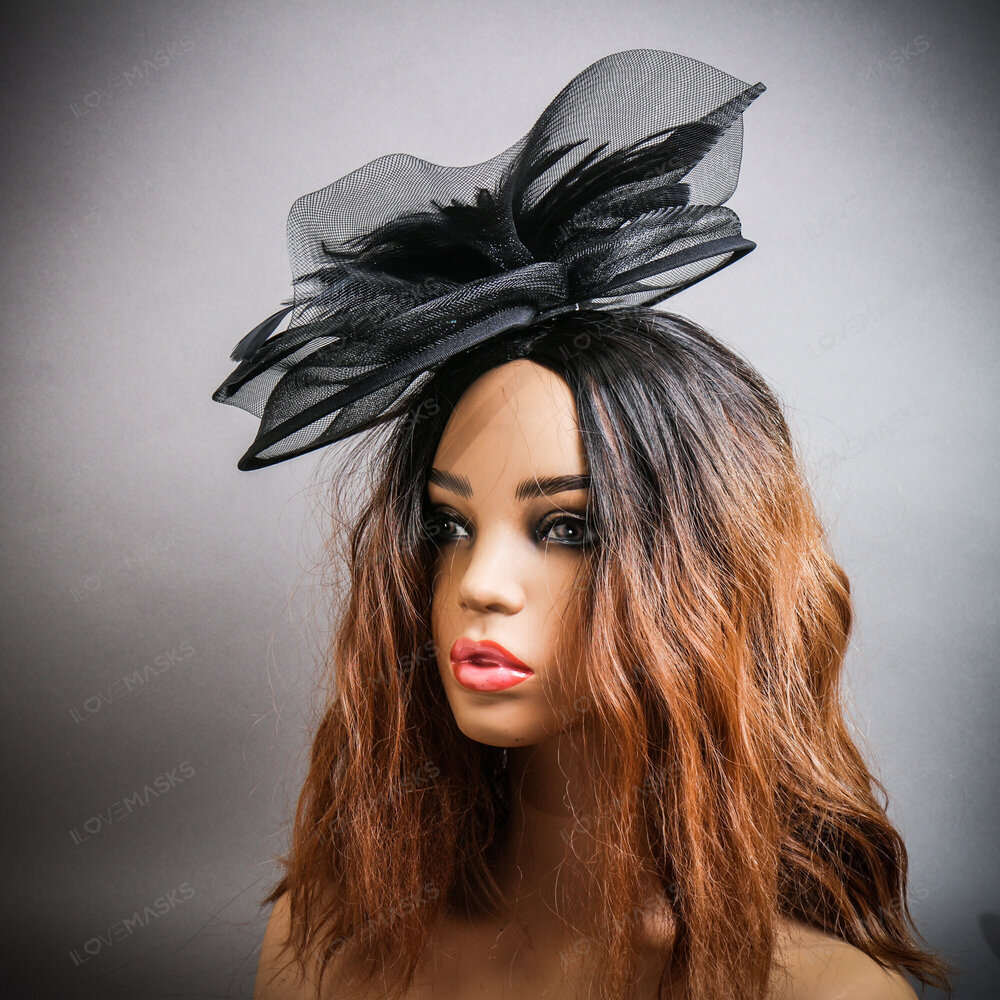 Flower Mesh Kentucky Derby Hat Fascinator Feather Headband - Black - Picture 4 of 5